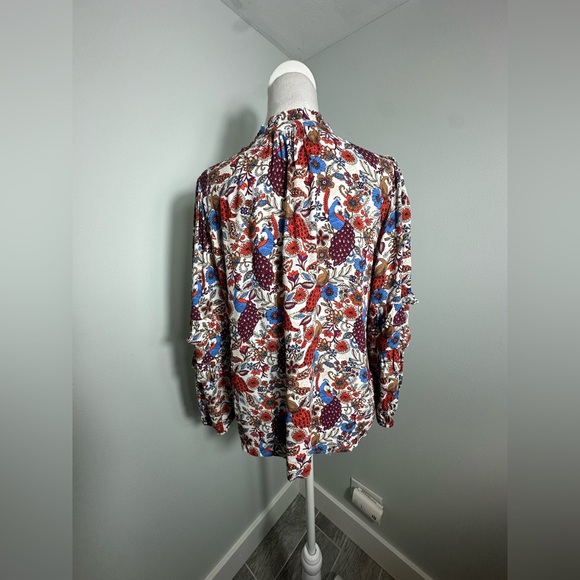Loft Peacock Floral Print White Ruffle Long Sleeve Blouse Top Petite - Picture 8 of 17